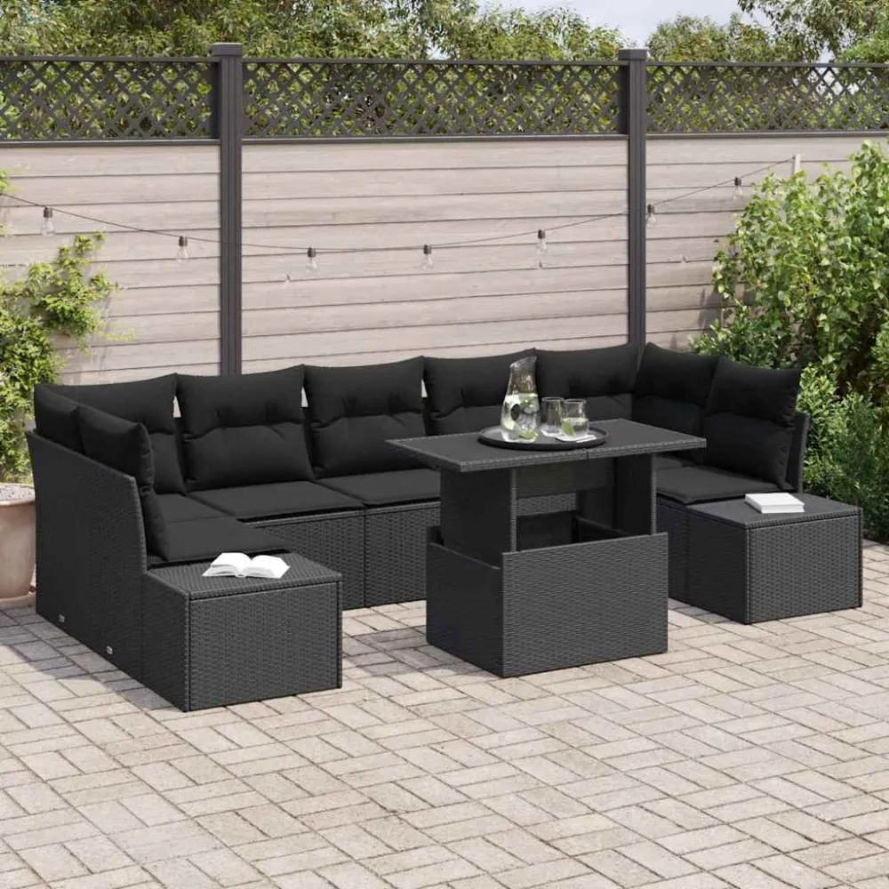 Bankstel met kussen 8 pcs Zwart poly rattan vidaXL