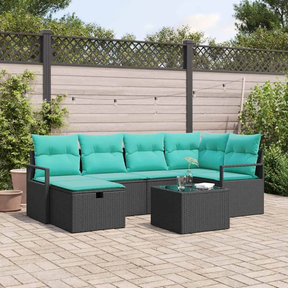 Bankstel met kussen 7 pcs Zwart en Turquoise poly rattan vidaXL