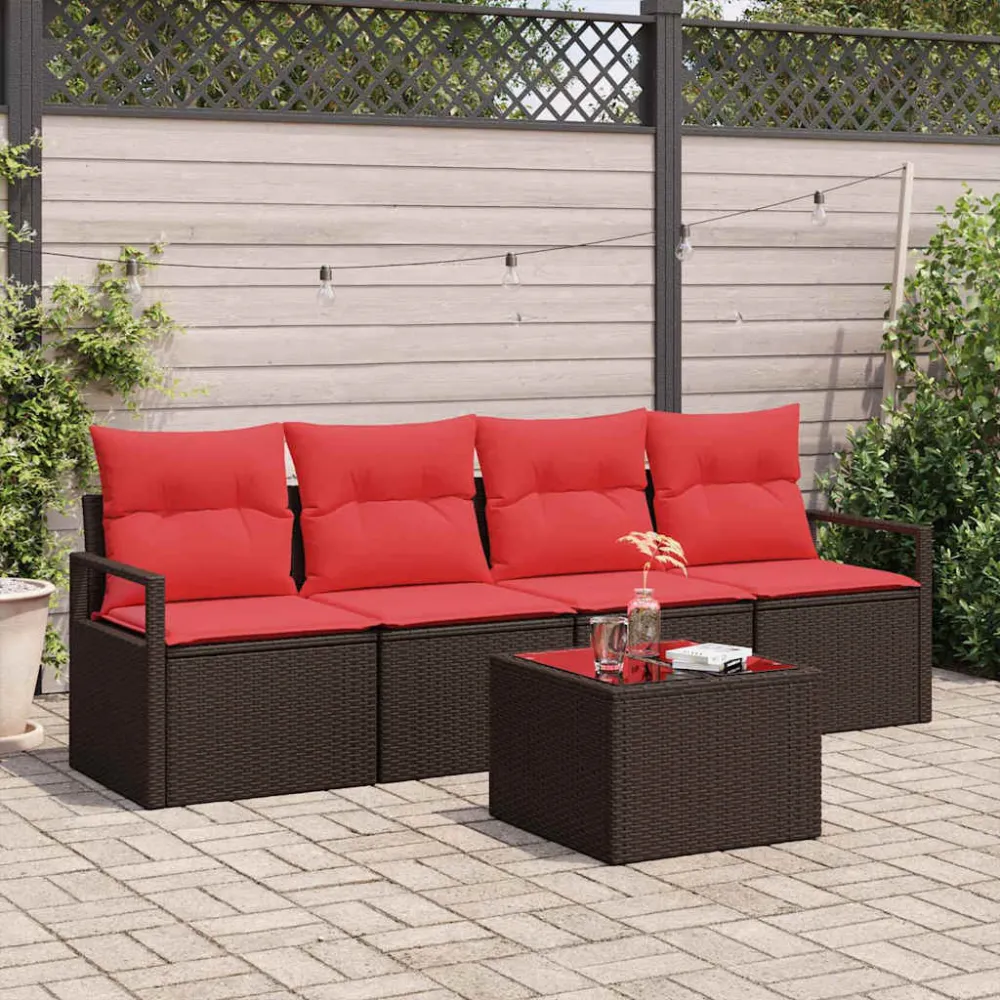 Bankstel 5 pcs Bruin en Rood poly rattan vidaXL