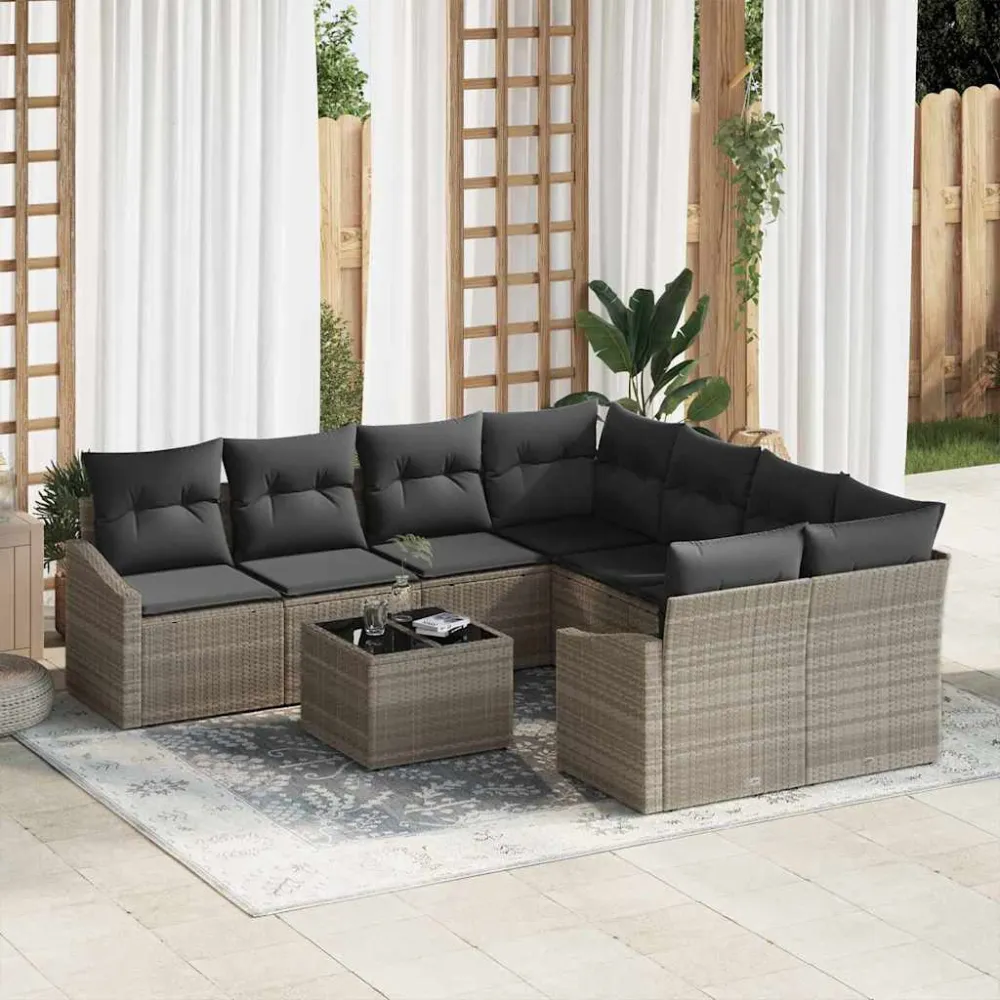 Bankstel 9 pcs Licht Grijs en Donker Grijs poly rattan vidaXL