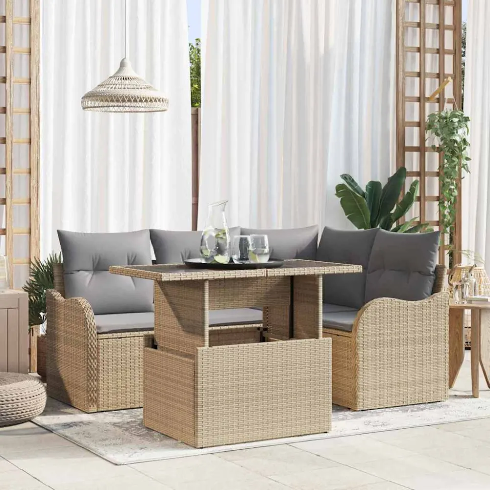Buiten eetset met kussen 5 pcs Beige Poly riet vidaXL