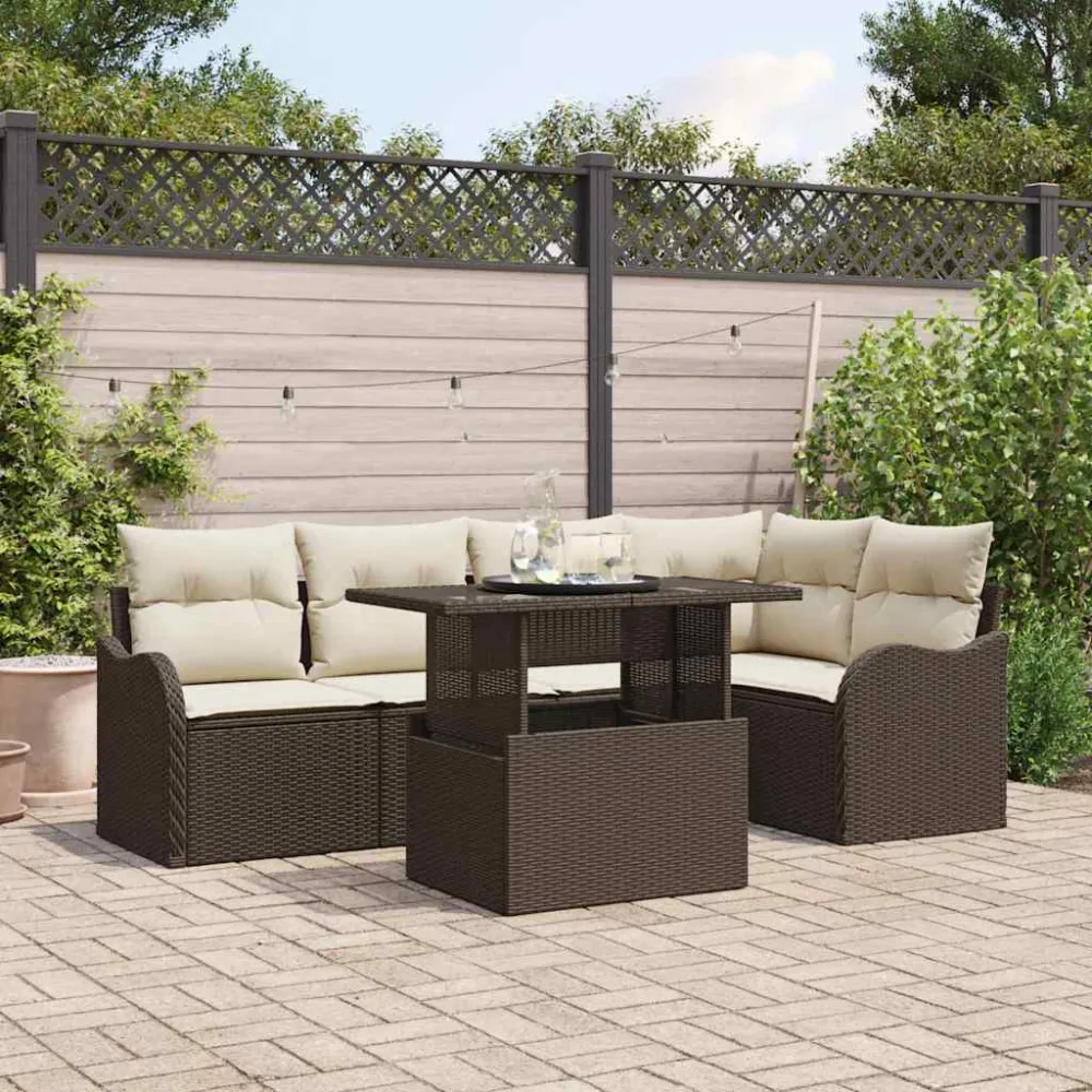 Eetkamerset met kussen 6 pcs Bruin Poly riet vidaXL
