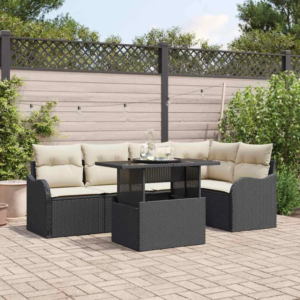 Eetkamerset met kussen 6 pcs Zwart Poly riet vidaXL