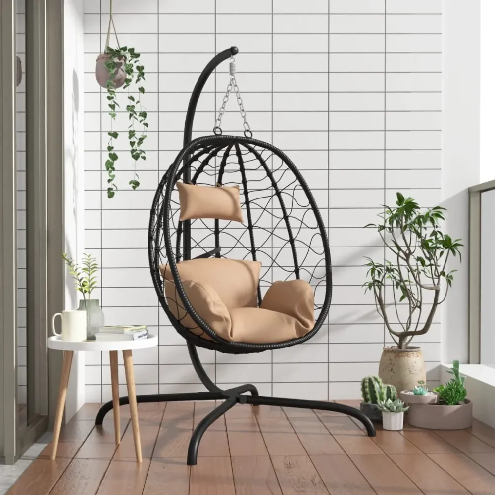 Hangende Eivormige Stoel met Kussen Taupe Poly Rattan & Staal vidaXL