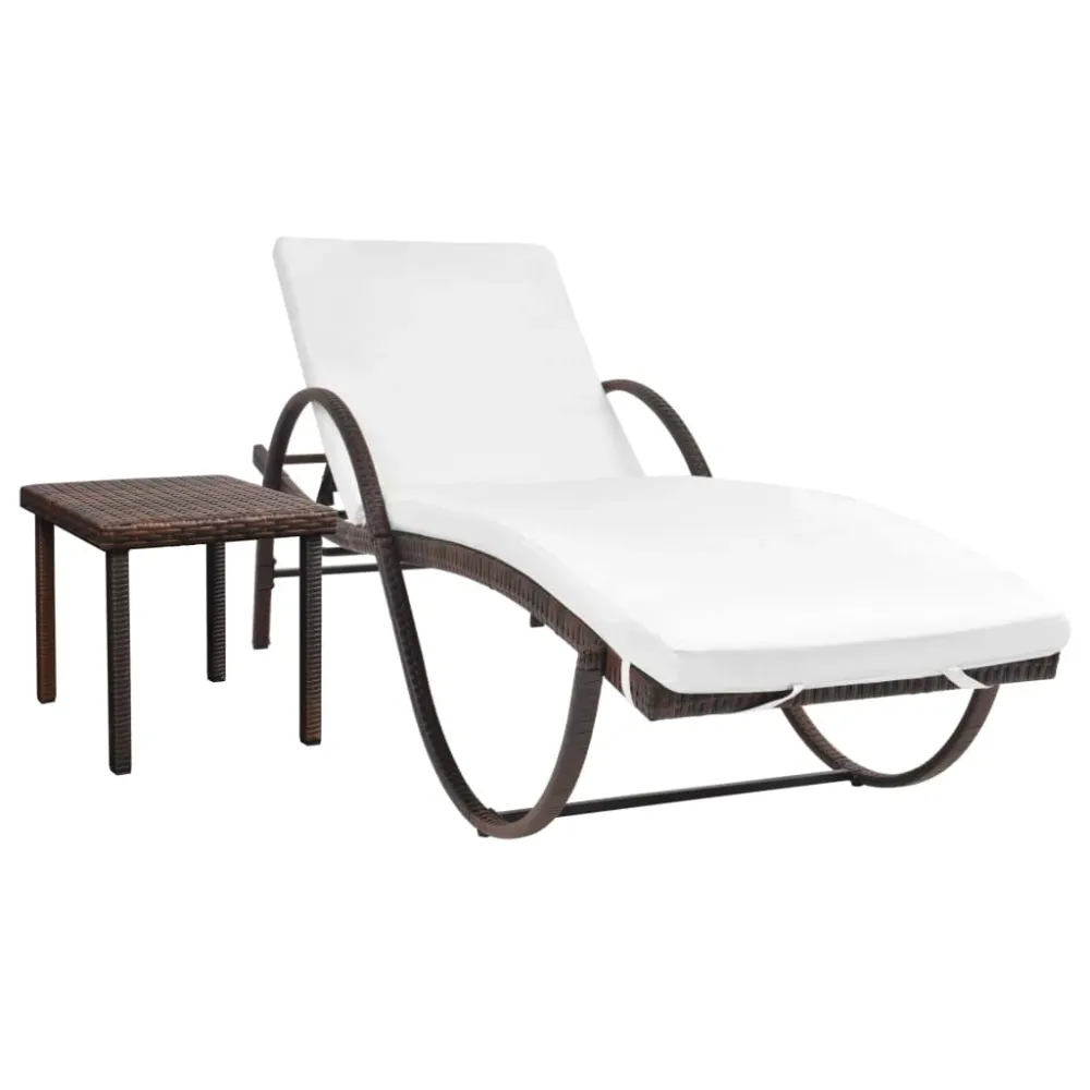 Ligbed met kussen en tafel poly rattan bruin vidaXL