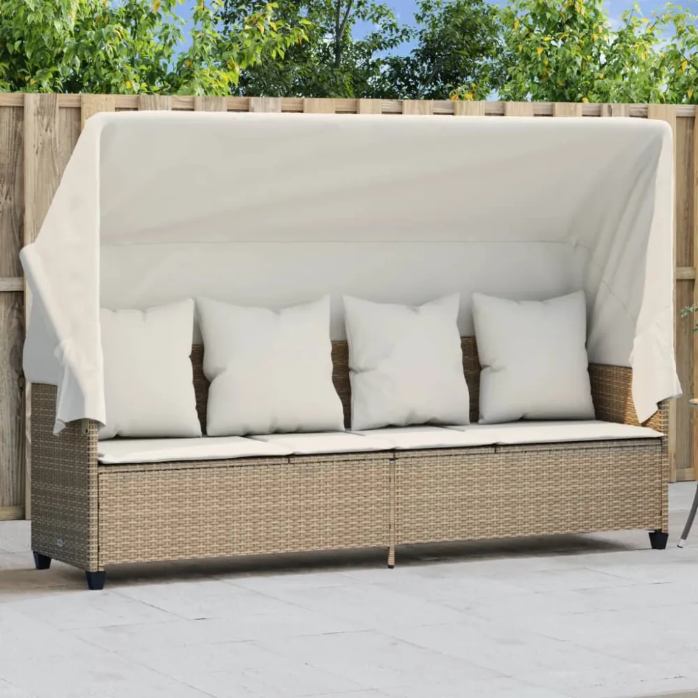 Ligbed met luifel en kussen poly rattan beige vidaXL