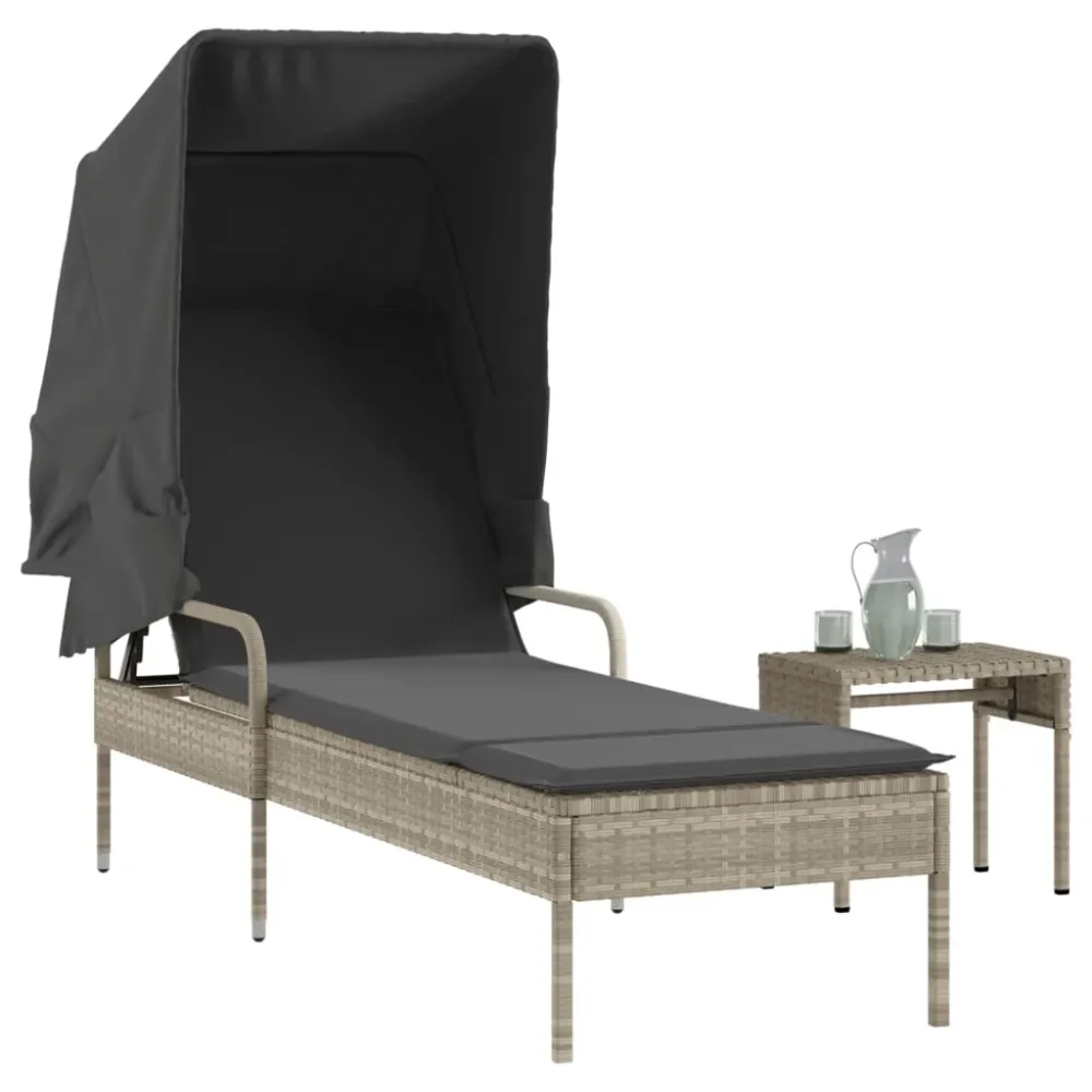 Ligbed met luifel en tafel poly rattan lichtgrijs vidaXL