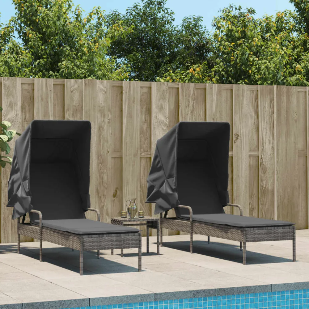 Ligbedden 2 st met luifels en tafel poly rattan grijs vidaXL