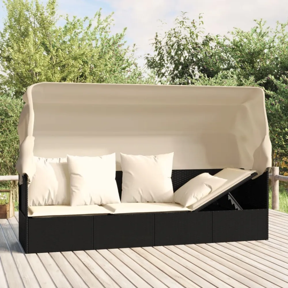 Loungebed met luifel en kussens poly rattan zwart vidaXL