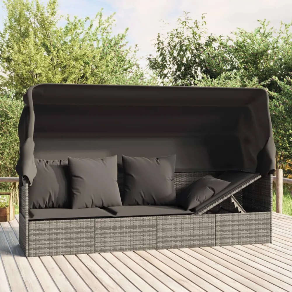 Loungebed met luifel en kussens poly rattan grijs vidaXL