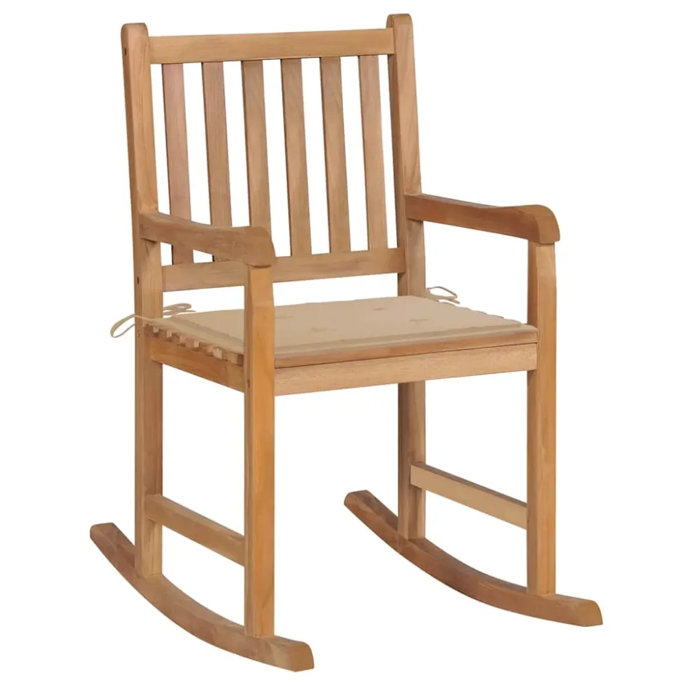 Schommelstoel met beige kussen massief teakhout vidaXL