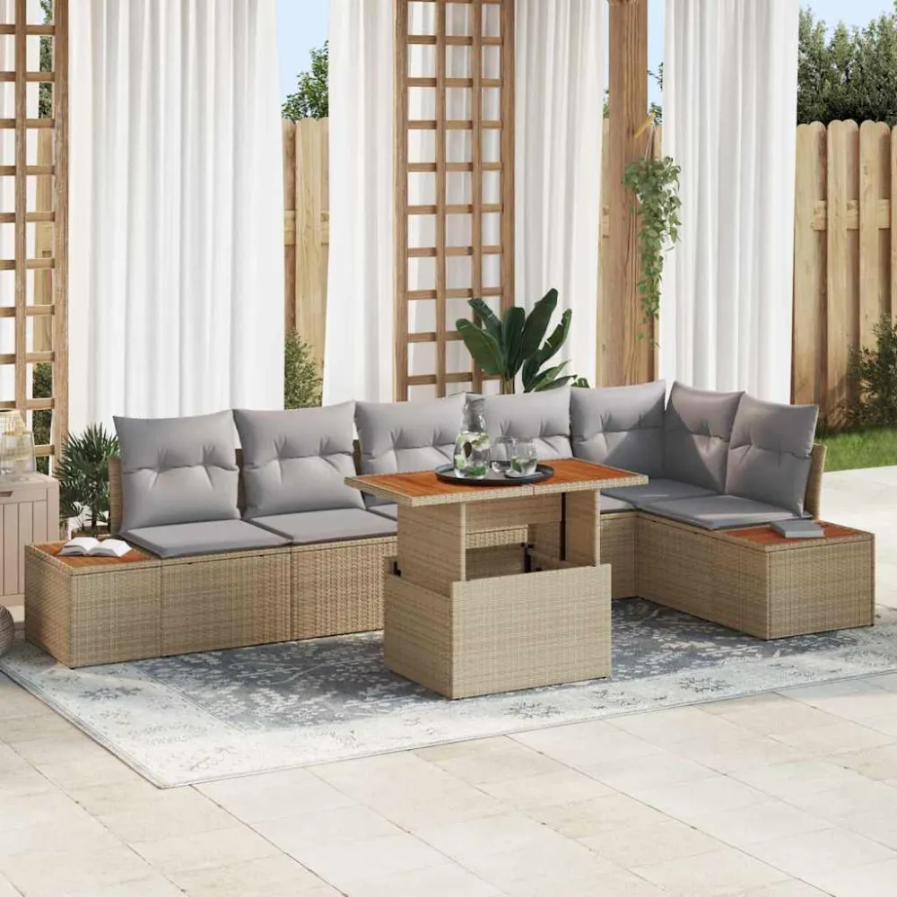 Tuin Eetset met kussen 7 pcs Beige en Grijs vidaXL