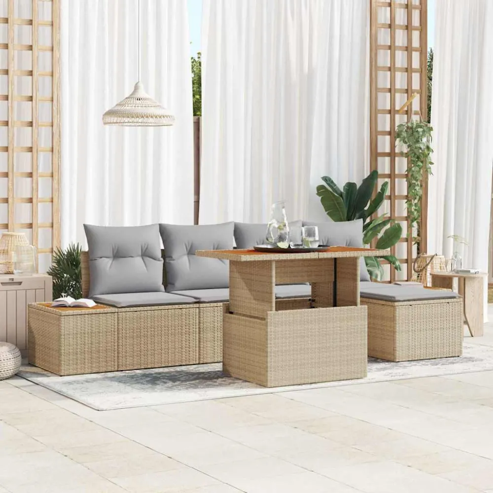 Tuin Eetset met kussen 6 pcs Beige en Grijs vidaXL