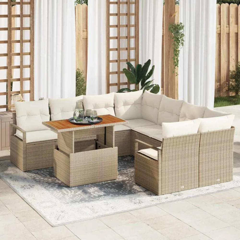Tuin Eetset met kussen 9 pcs Beige en Crème vidaXL