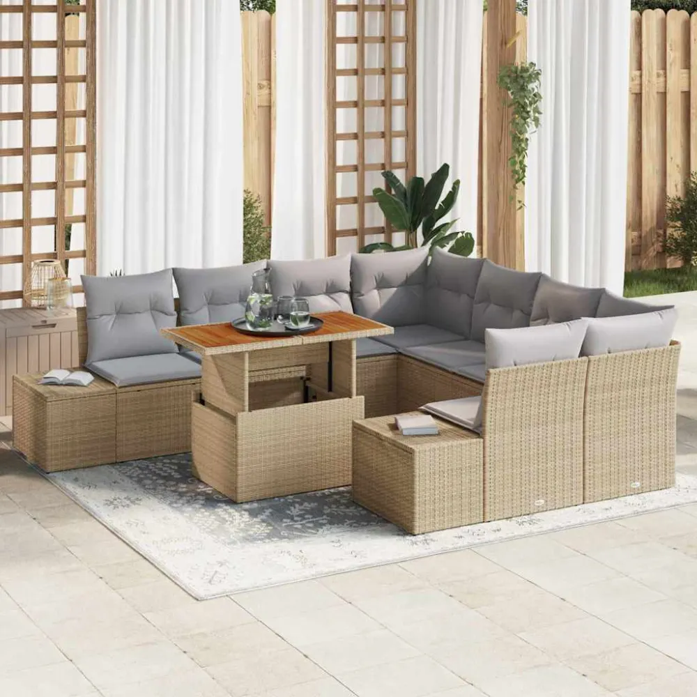 Tuin Eetset met kussen 9 pcs Beige en Grijs vidaXL
