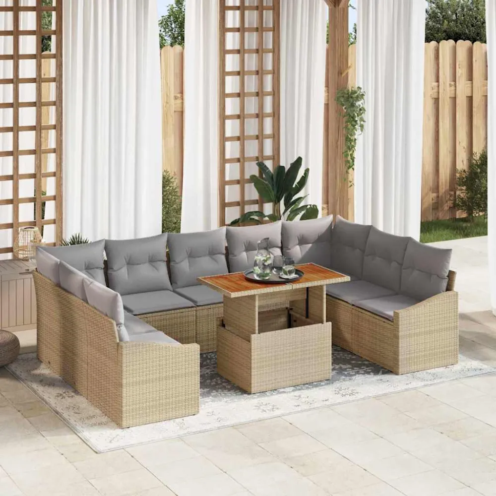 Tuin Eetset met kussen 10 pcs Beige en Grijs vidaXL