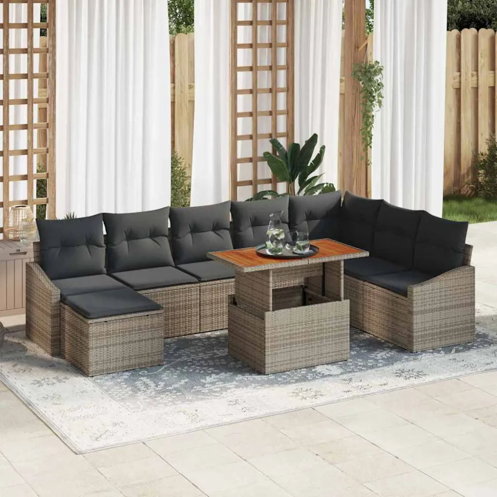 Tuin Eetset met kussen 9 pcs Grijs en Bruin vidaXL