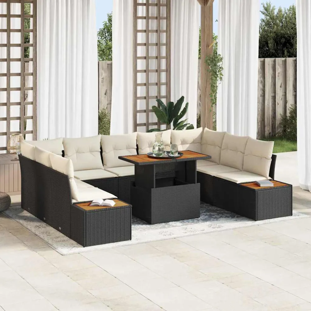 Tuin Eetset met kussen 10 pcs Zwart en Beige vidaXL