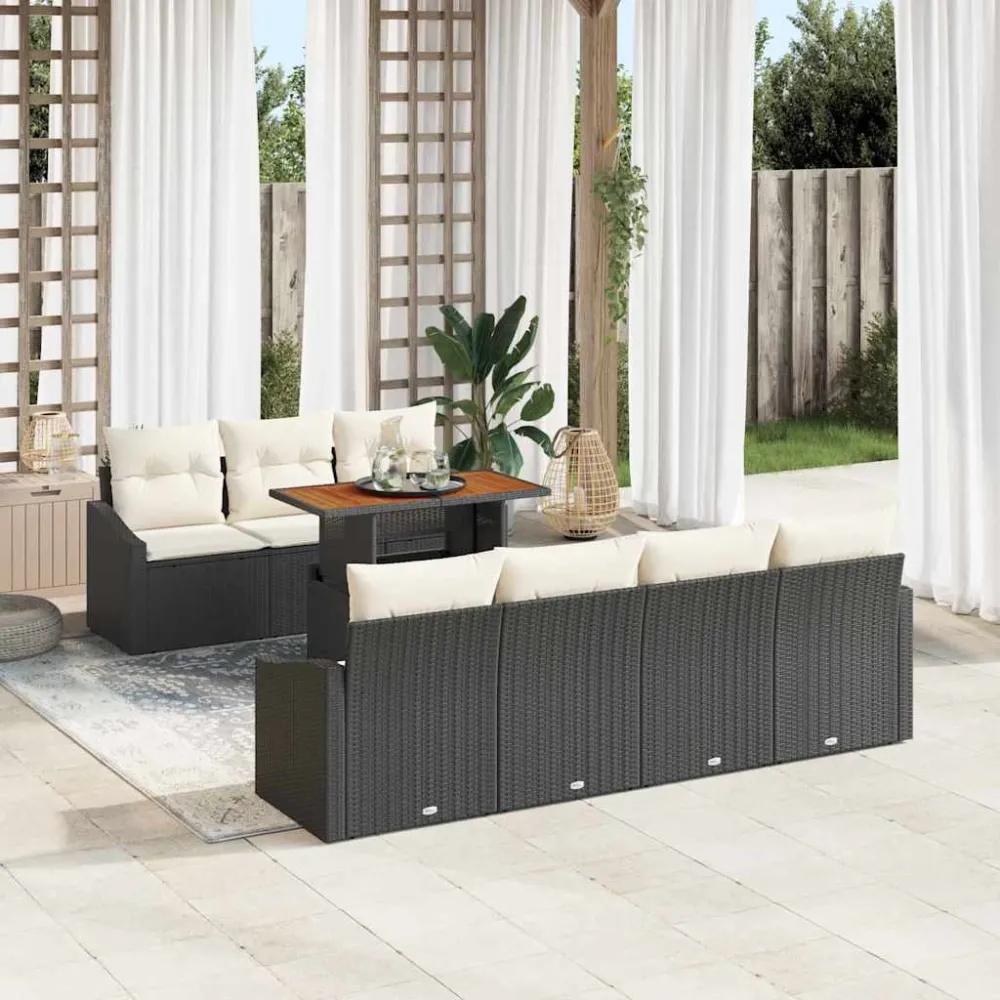 Tuin Eetset met kussen 8 pcs Zwart en Crème vidaXL