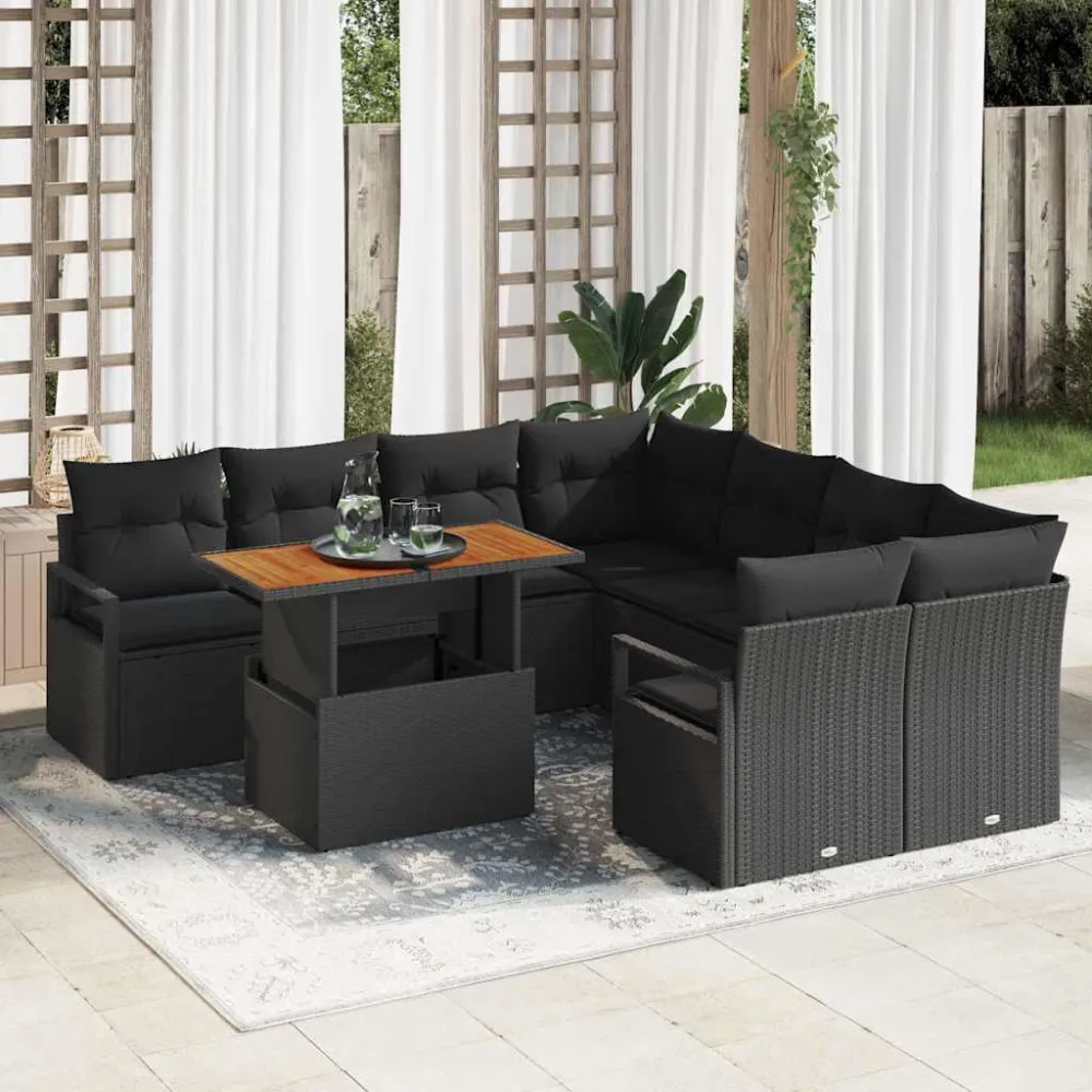 Tuin Eetset met kussen 9 pcs Zwart en Bruin vidaXL