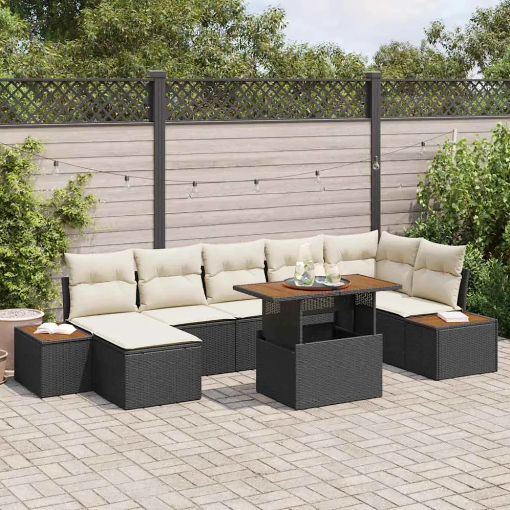 Tuin Eetset met kussen 8 pcs Zwart en Beige vidaXL