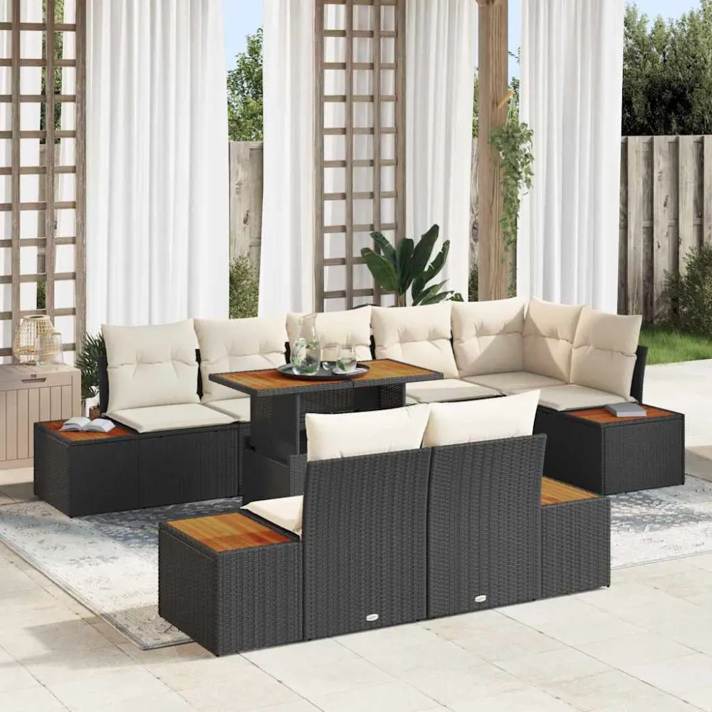Tuin Eetset met kussen 9 pcs Zwart en Beige vidaXL