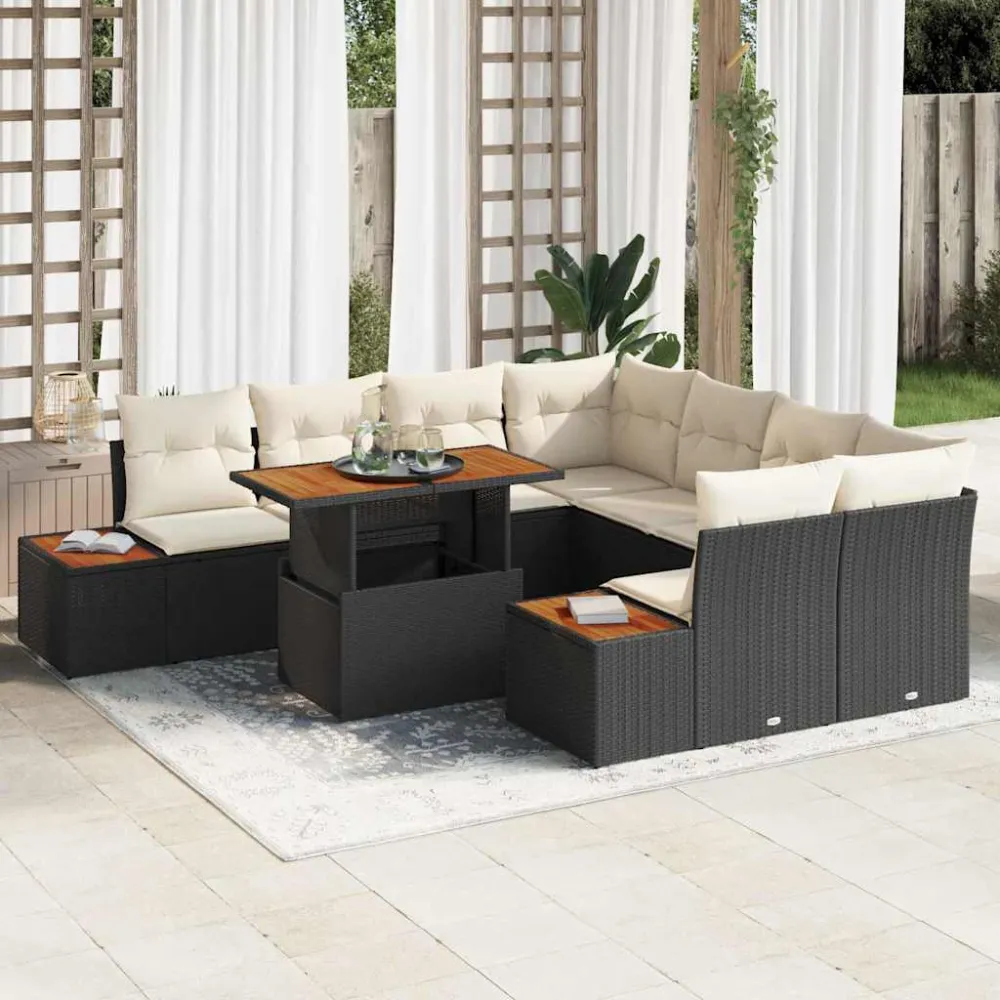 Tuin Eetset met kussen 9 pcs Zwart en Beige vidaXL