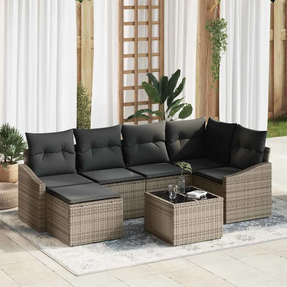 Tuin Eetset 7 pcs Lichtgrijs Poly Rattan en Poedergecoat Staal vidaXL