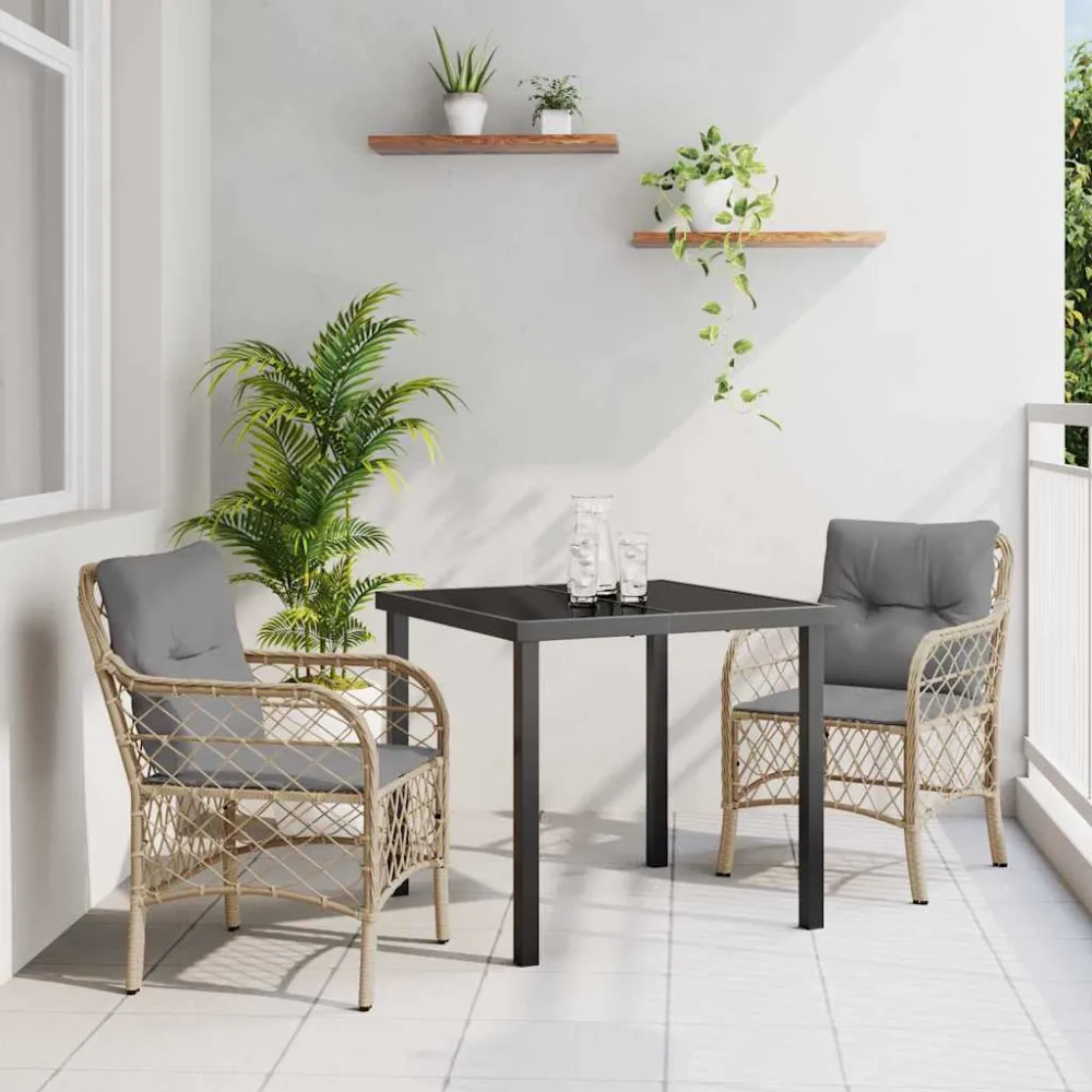 Tuin eettafelset met kussen 3 pcs Beige poly rattan vidaXL