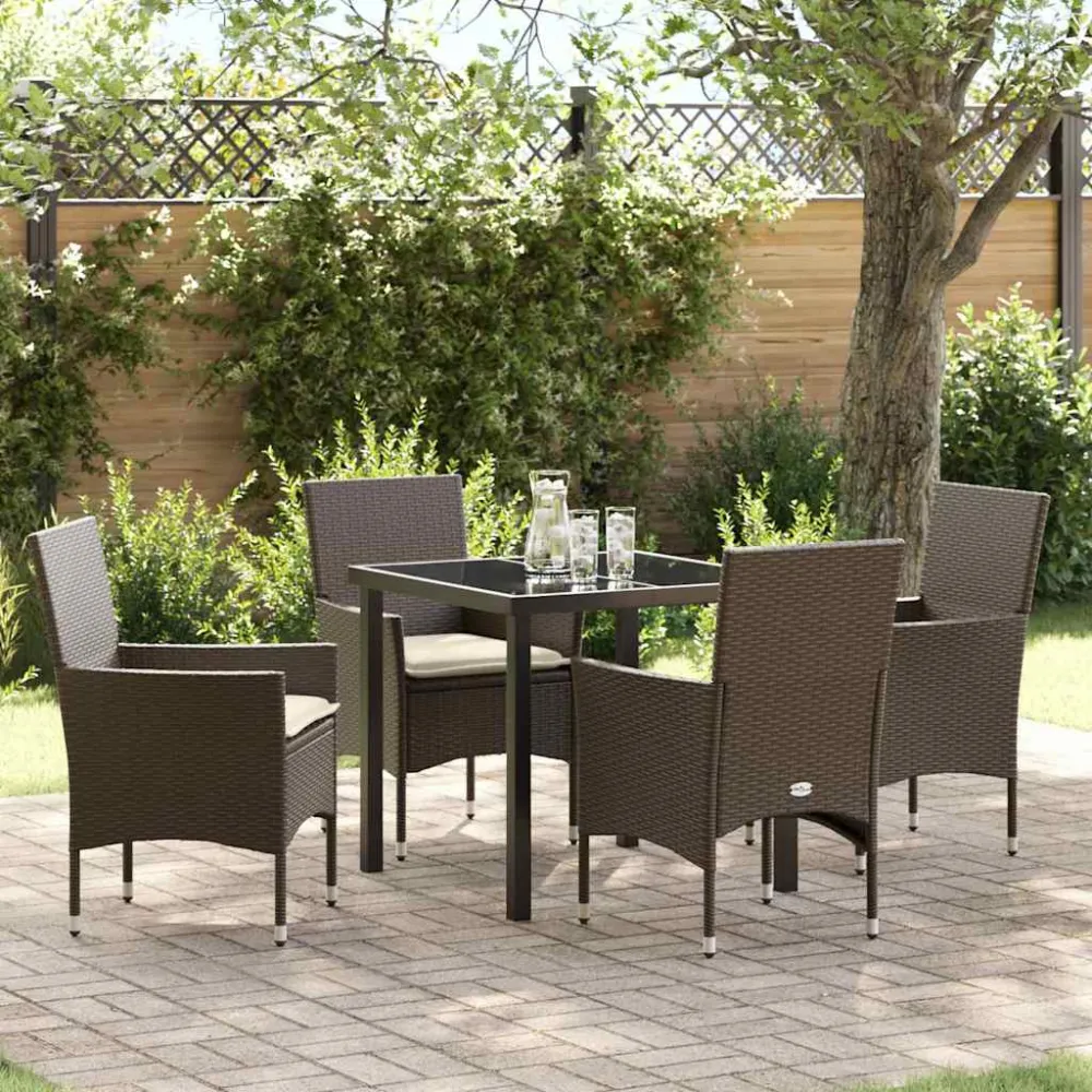 Tuin eettafelset met kussen 5 pcs Bruin poly rattan vidaXL
