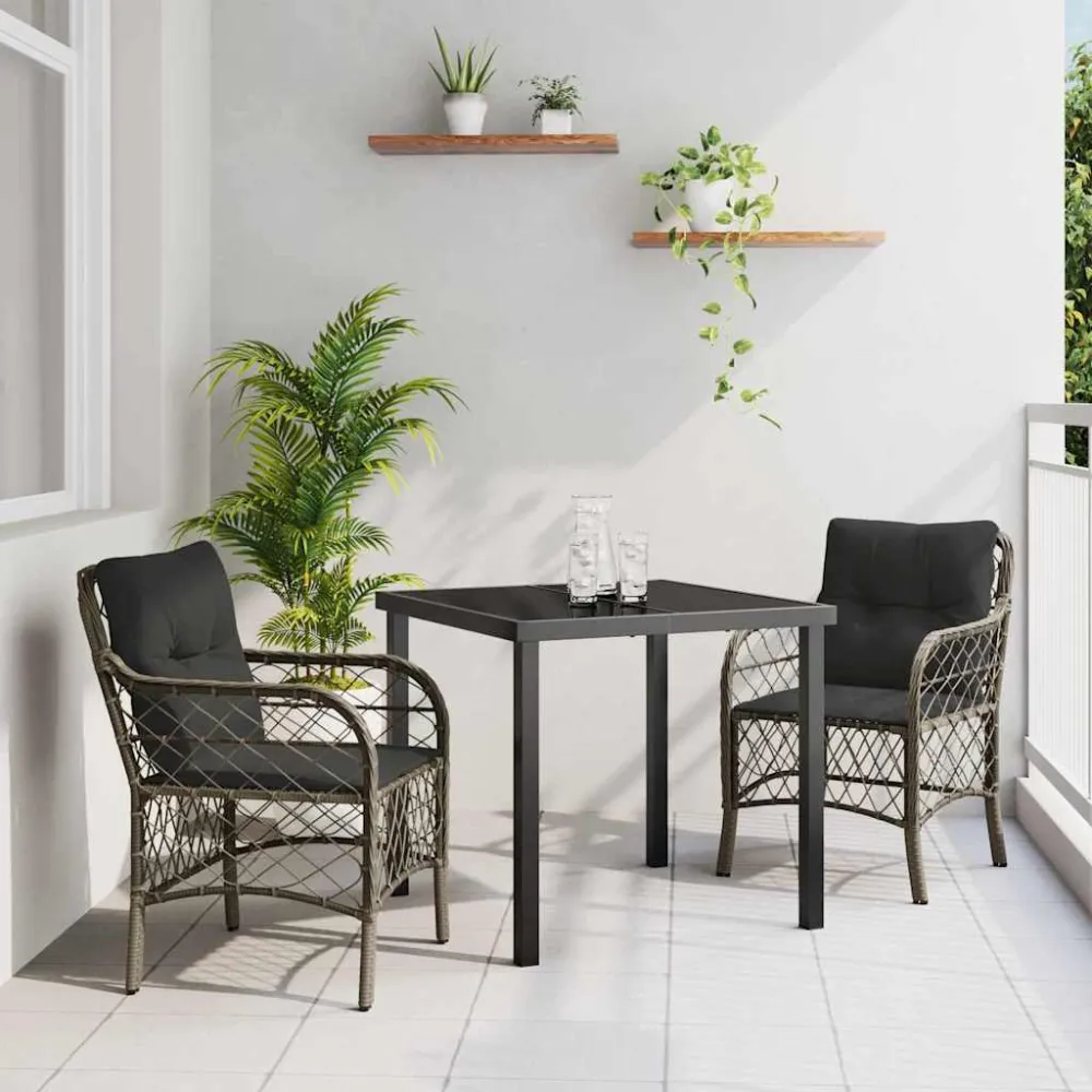 Tuin eettafelset met kussen 3 pcs Grijs poly rattan vidaXL