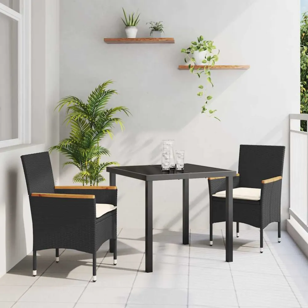 Tuin eettafelset met kussen 3 pcs Zwart poly rattan vidaXL