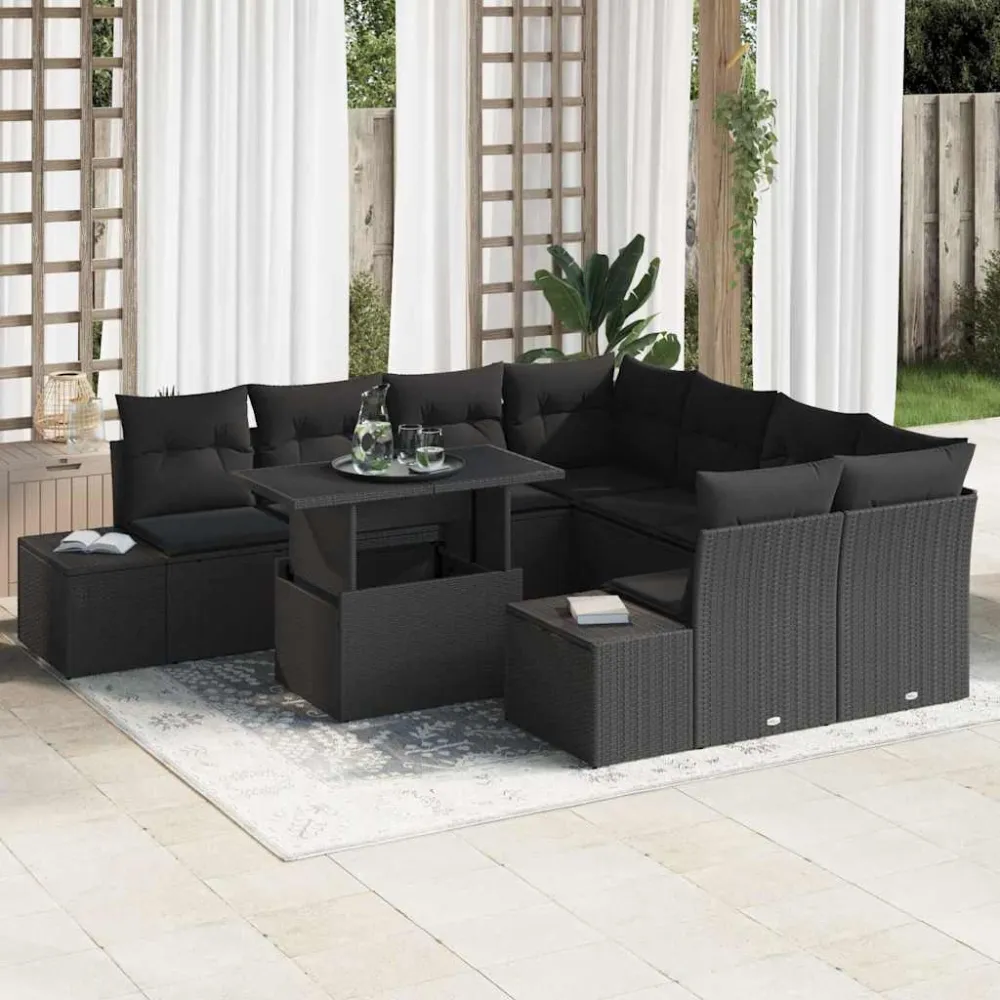Tuin Sofa Set met kussen met opslag 9 pcs Zwart poly rattan vidaXL