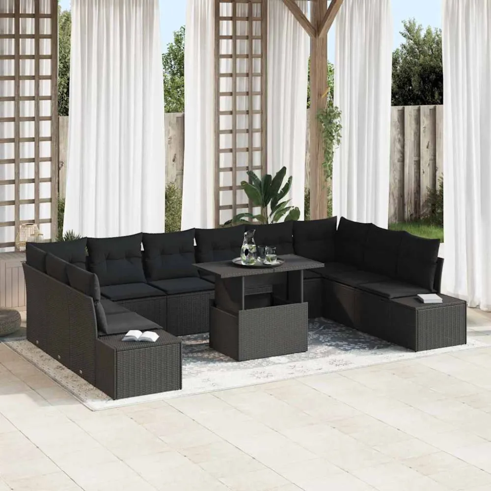 Tuin Sofa Set met kussen met opslag 11 pcs Zwart vidaXL