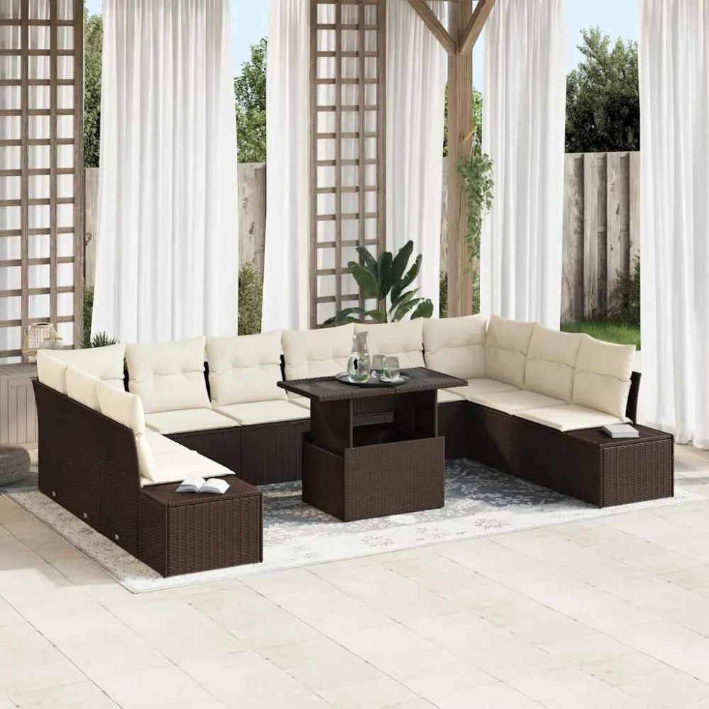 Tuin Sofa Set met kussen met opslag 11 pcs Bruin en crème vidaXL