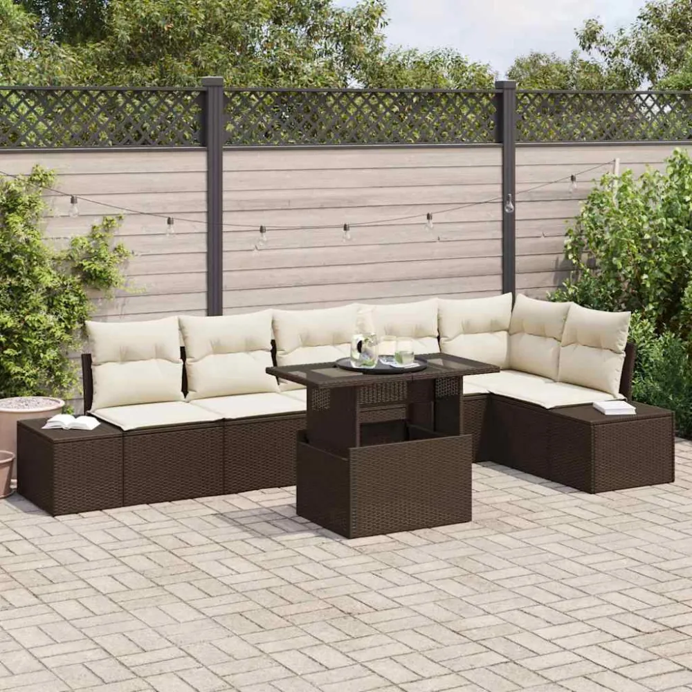 Tuin Sofa Set met kussen met opslag 7 pcs Bruin en crème vidaXL