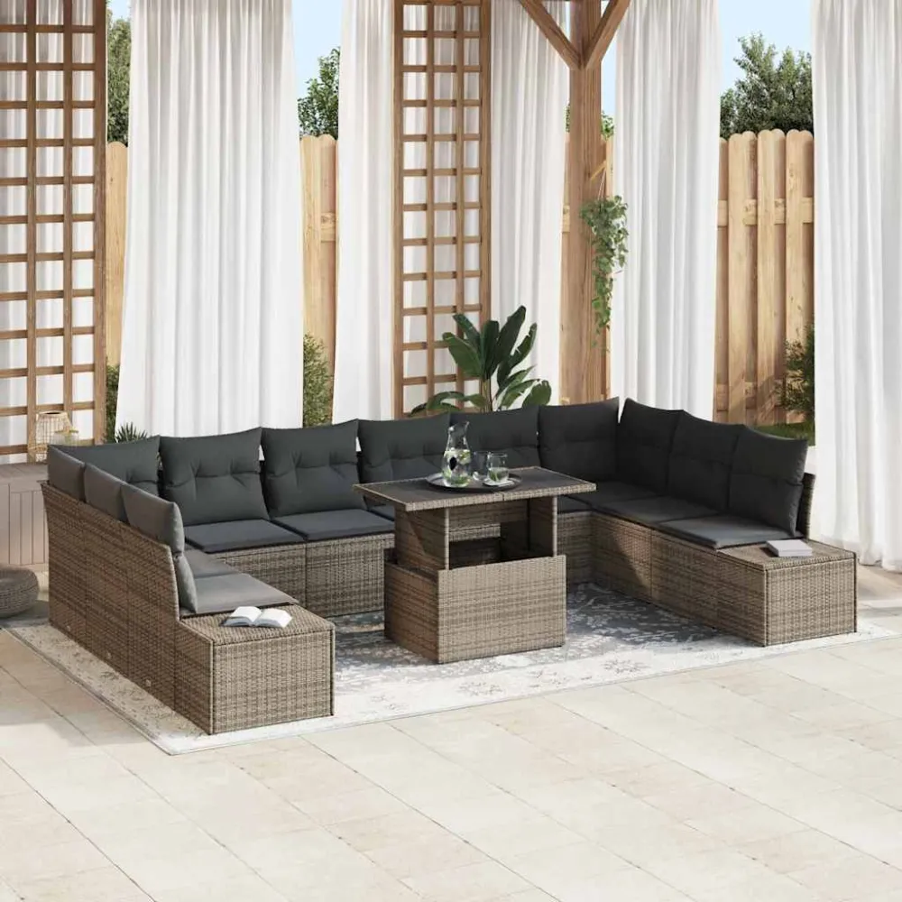 Tuin Sofa Set met kussen met opslag 11 pcs Grijs poly rattan vidaXL