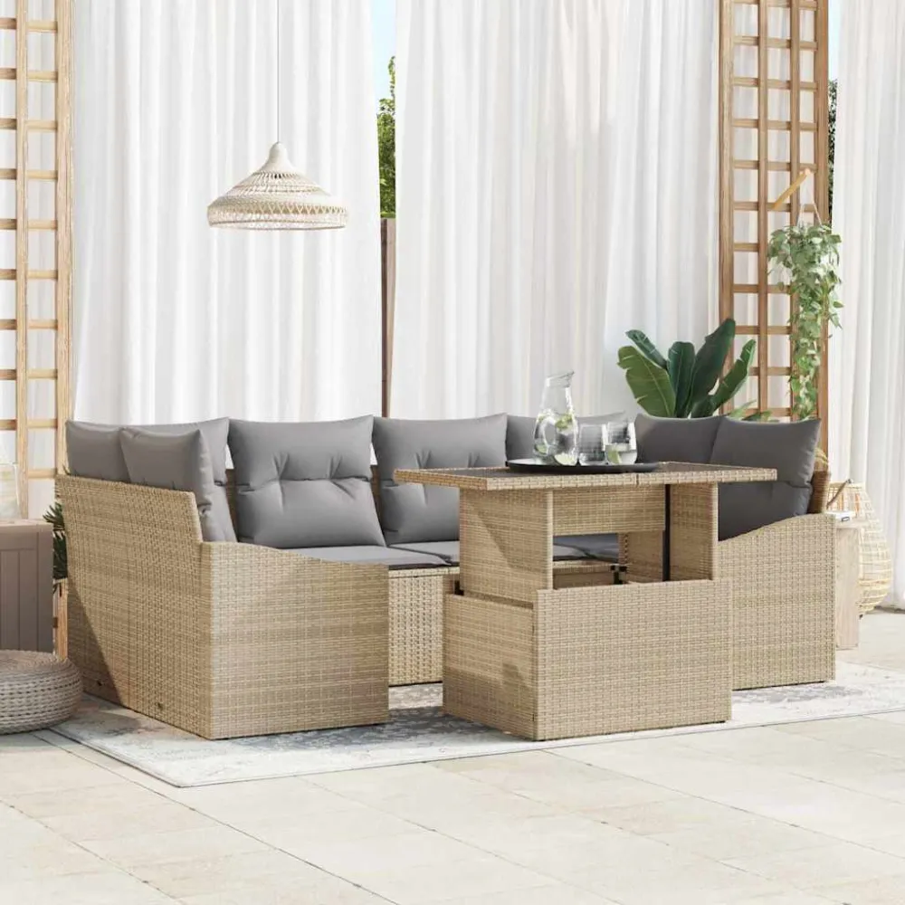 Tuin Sofa Set met kussen met opslag 7 pcs Beige poly rattan vidaXL