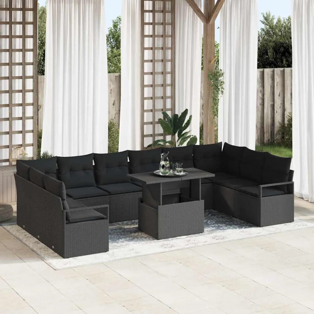 Tuin Sofa Set met kussen met opslag 11 pcs Zwart poly rattan vidaXL