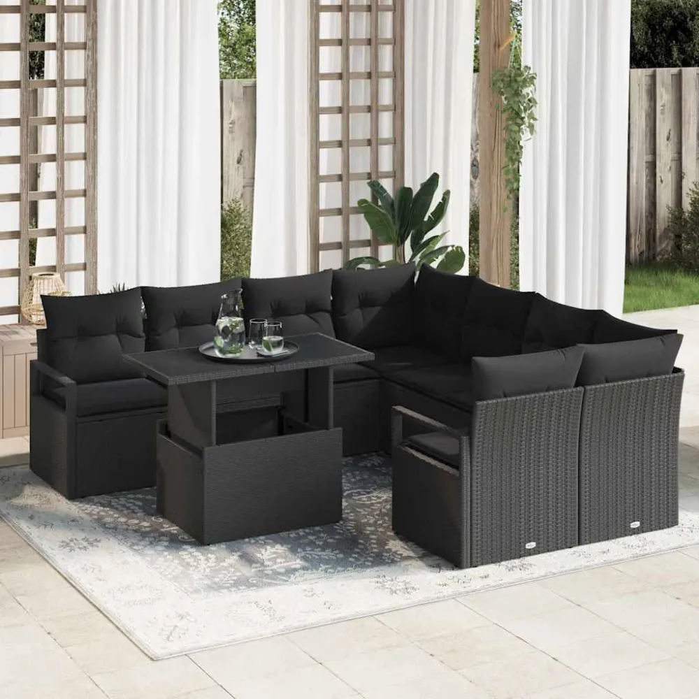 Tuin Sofa Set met kussen met opslag 9 pcs Zwart Poly riet vidaXL