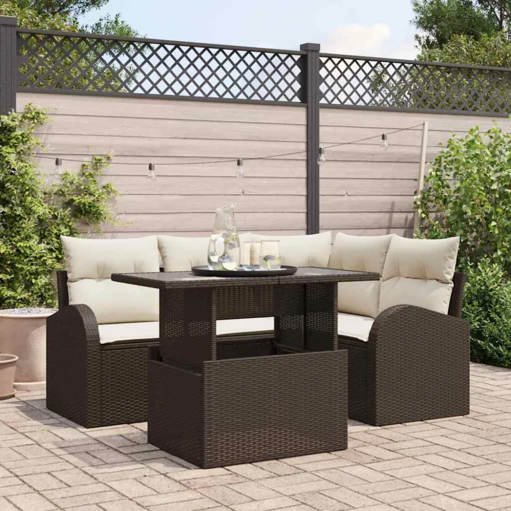 Tuin Sofa Set met kussen met opslag 5 pcs Bruin Poly riet vidaXL