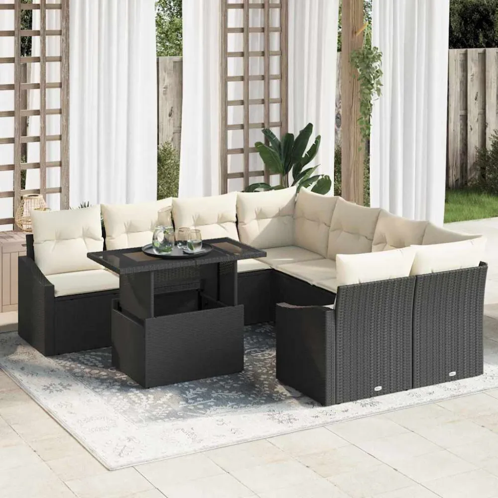 Tuin Sofa Set met kussen met opslag 9 pcs Zwart poly rattan vidaXL