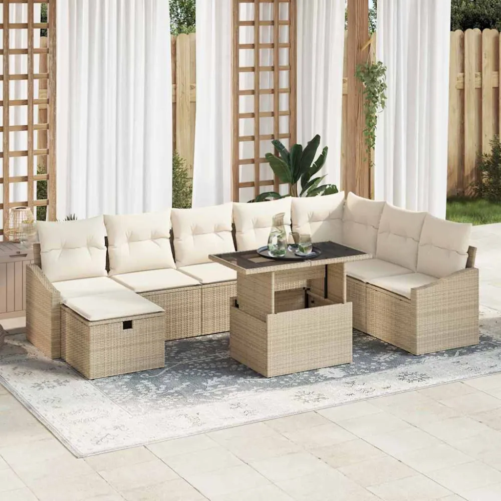 Tuin Sofa Set met kussen met opslag 9 pcs Beige Poly riet vidaXL