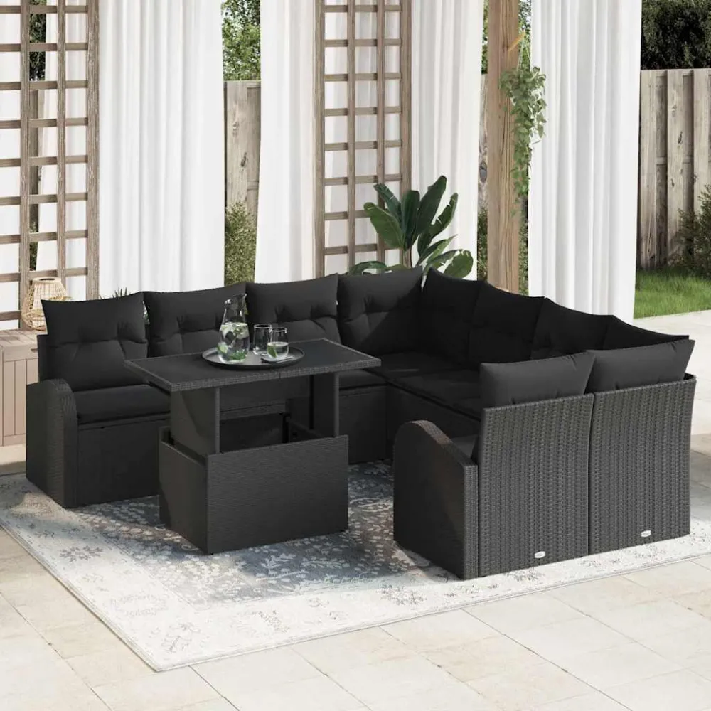 Tuin Sofa Set met kussen met opslag 9 pcs Zwart Poly Rattan vidaXL