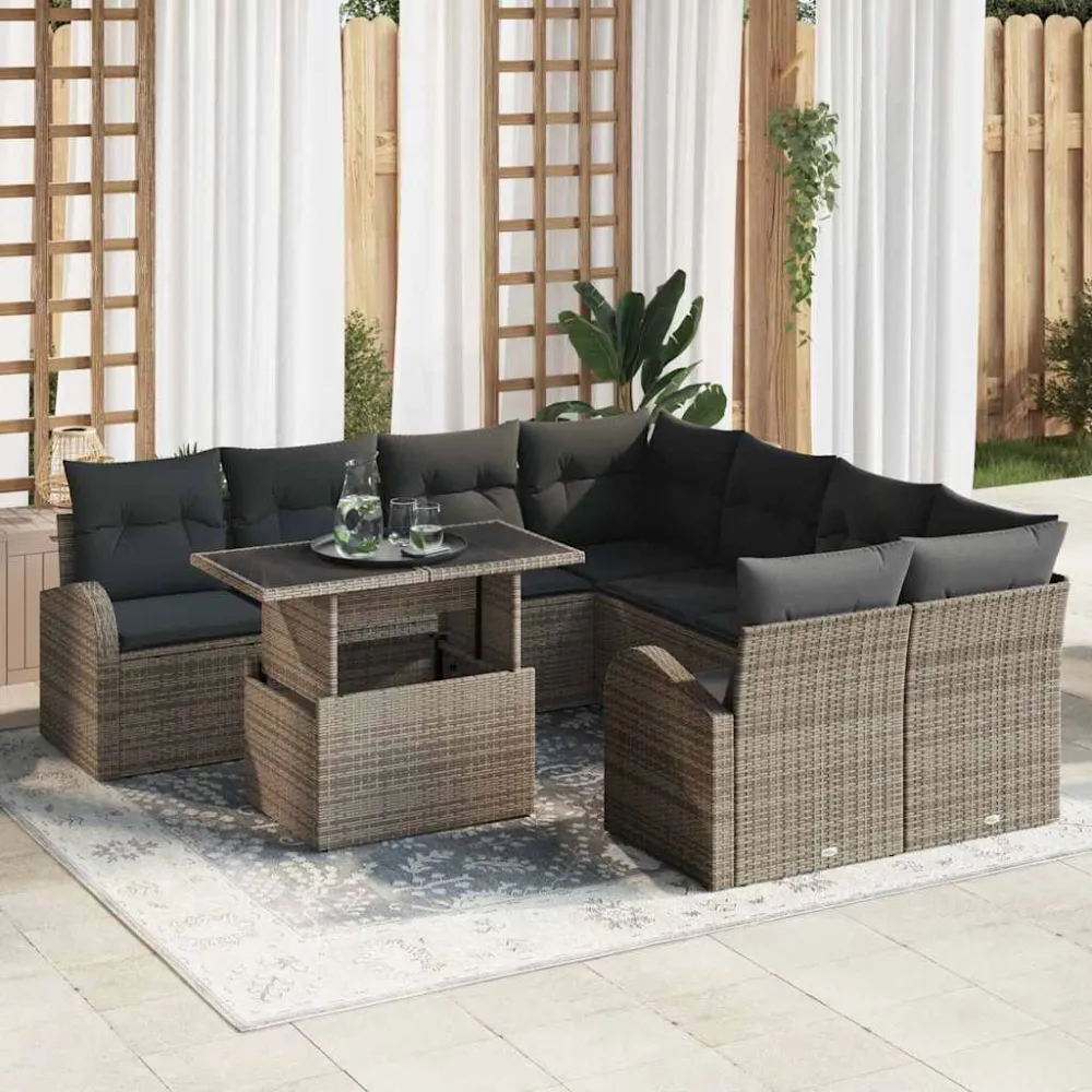 Tuin Sofa Set met kussen met opslag 9 pcs Grijs Poly Rattan vidaXL