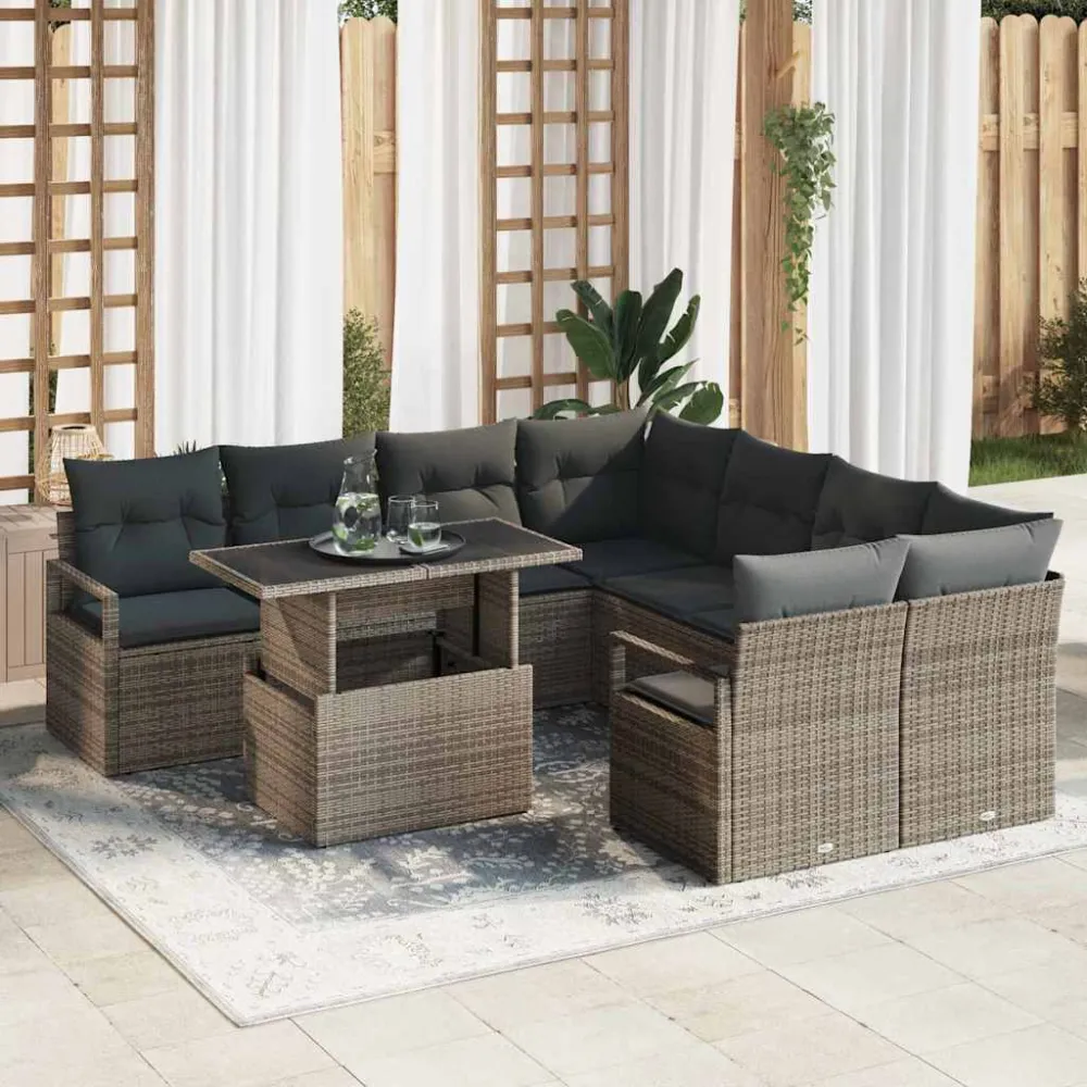 Tuin Sofa Set met kussen met opslag 9 pcs Grijs Poly riet vidaXL