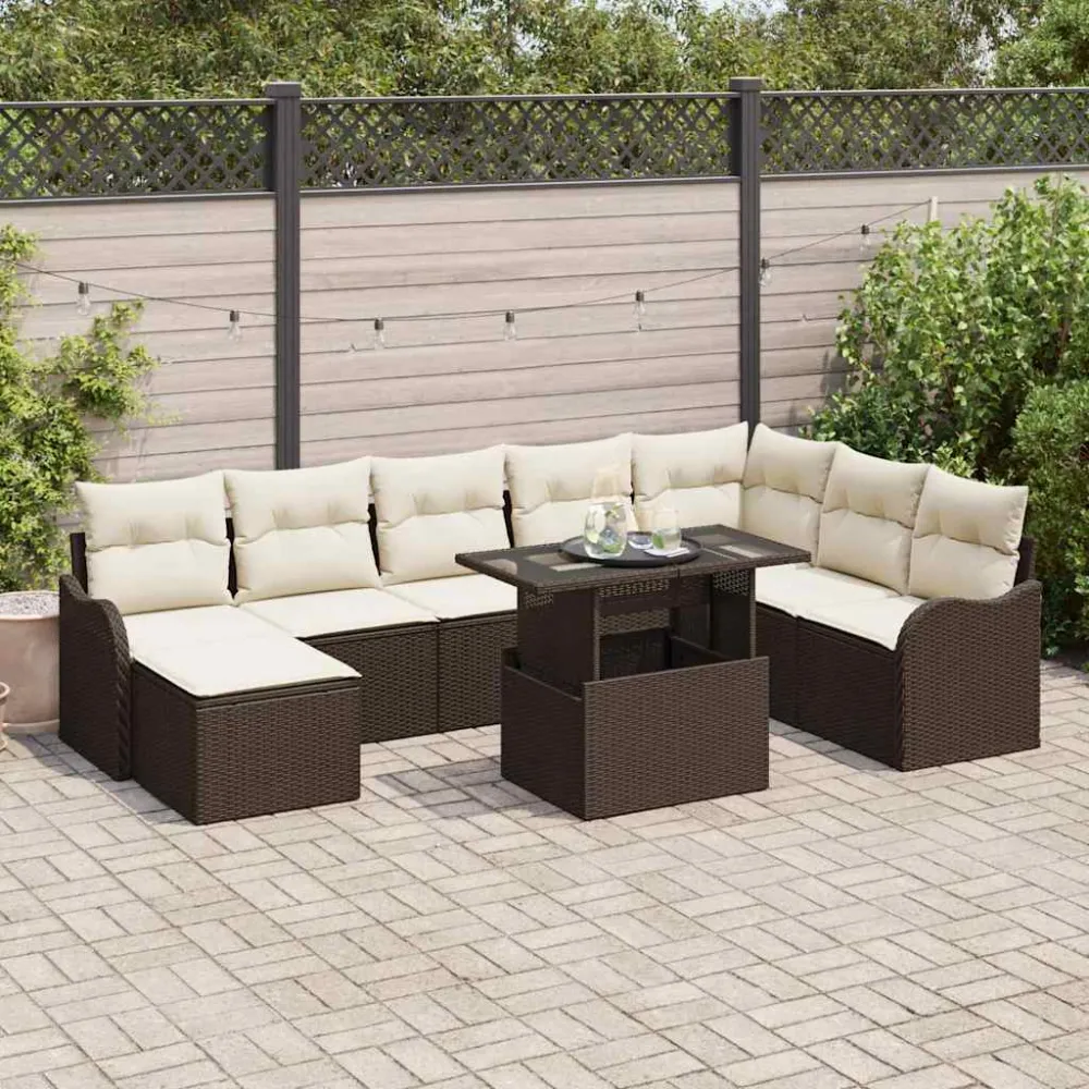 Tuin Sofa Set met kussen met opslag 9 pcs Bruin Poly riet vidaXL