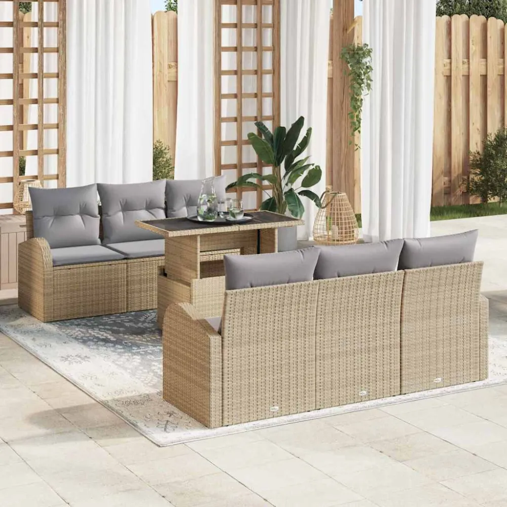 Tuin Sofa Set met kussen met opslag 7 pcs Beige Poly Rattan vidaXL