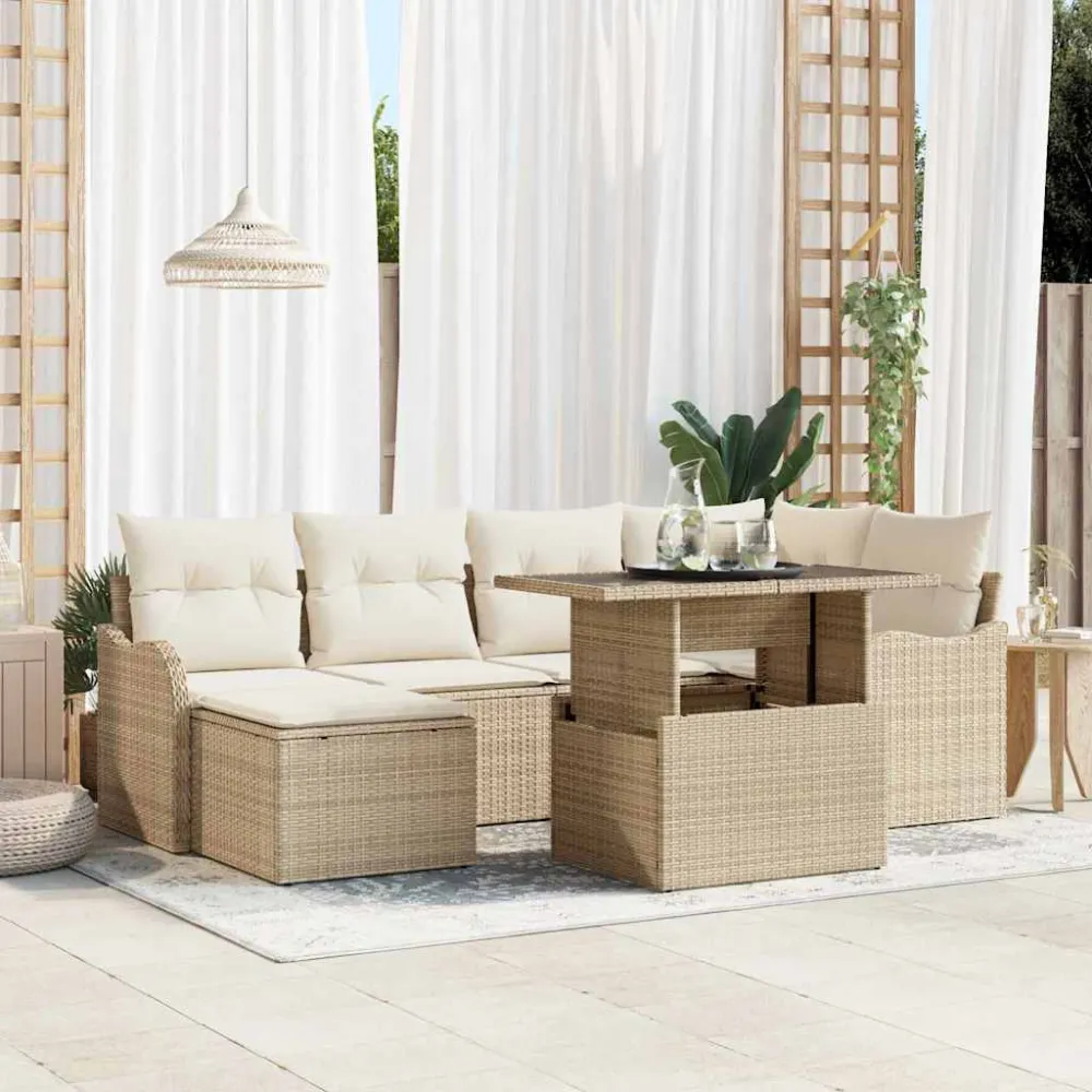 Tuin Sofa Set met kussen met opslag 7 pcs Beige Poly riet vidaXL