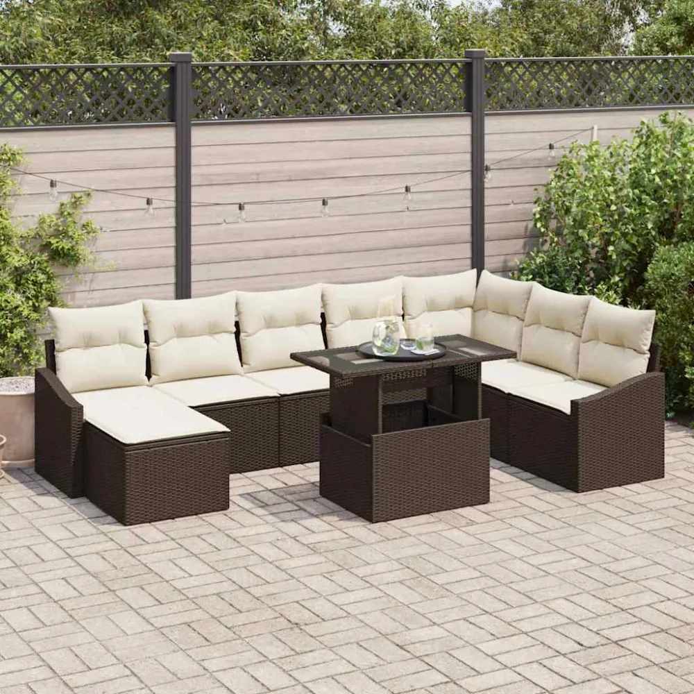 Tuin Sofa Set met kussen met opslag 9 pcs Bruin en Crème vidaXL